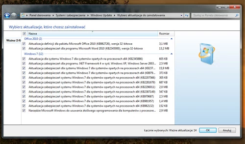 14 patchy. Windows 7 x64, pakiet Office. Bez aktualizacji dla Internet Explorera. Powód? Zaintalowana przeglądarka w wersji IE9 beta, której Windows Update nie obsługuje. Łącznie ponad 46 MB poprawek...
