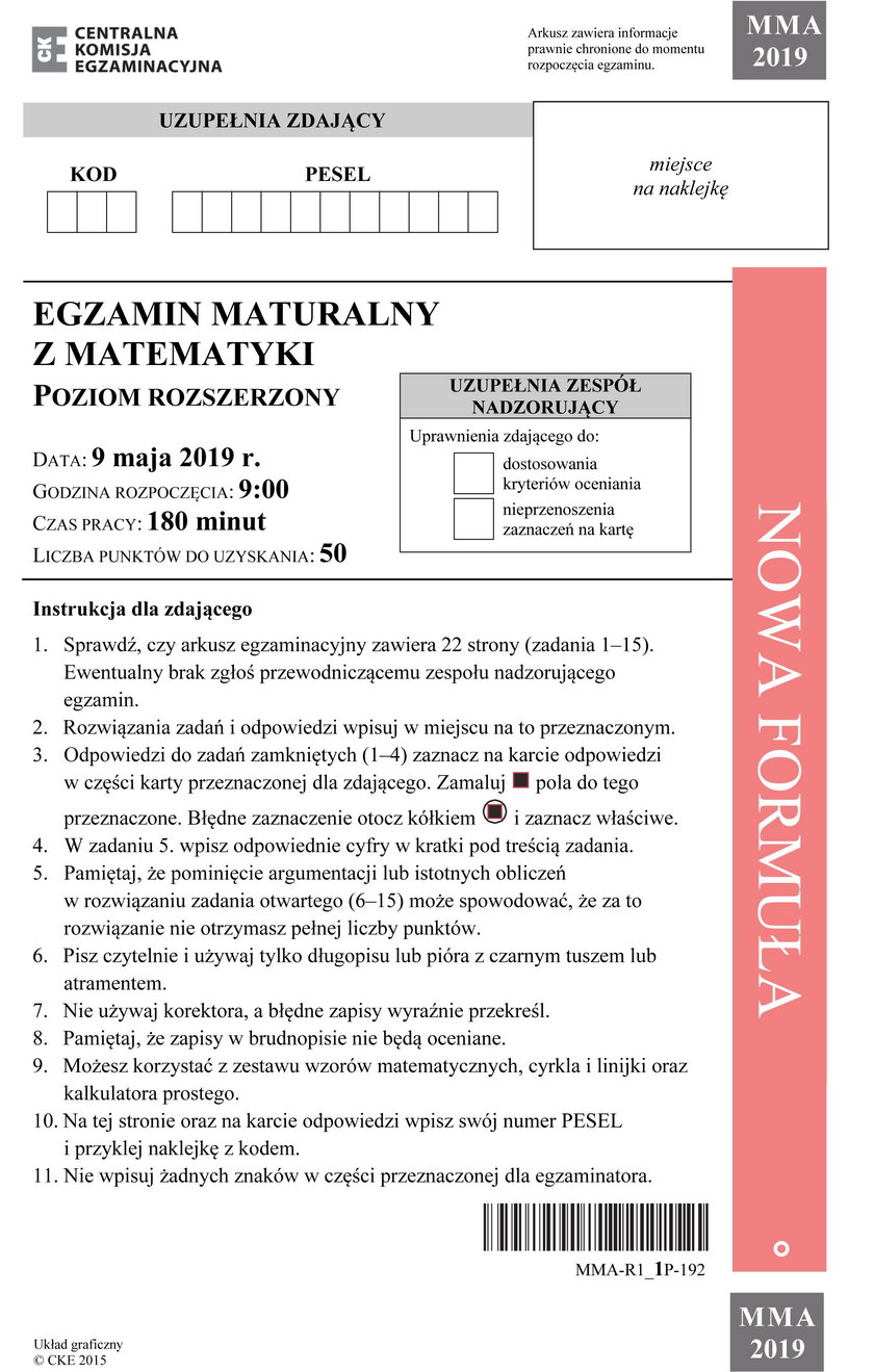 Matura 2019. Matematyka poziom rozszerzony arkusze zadań