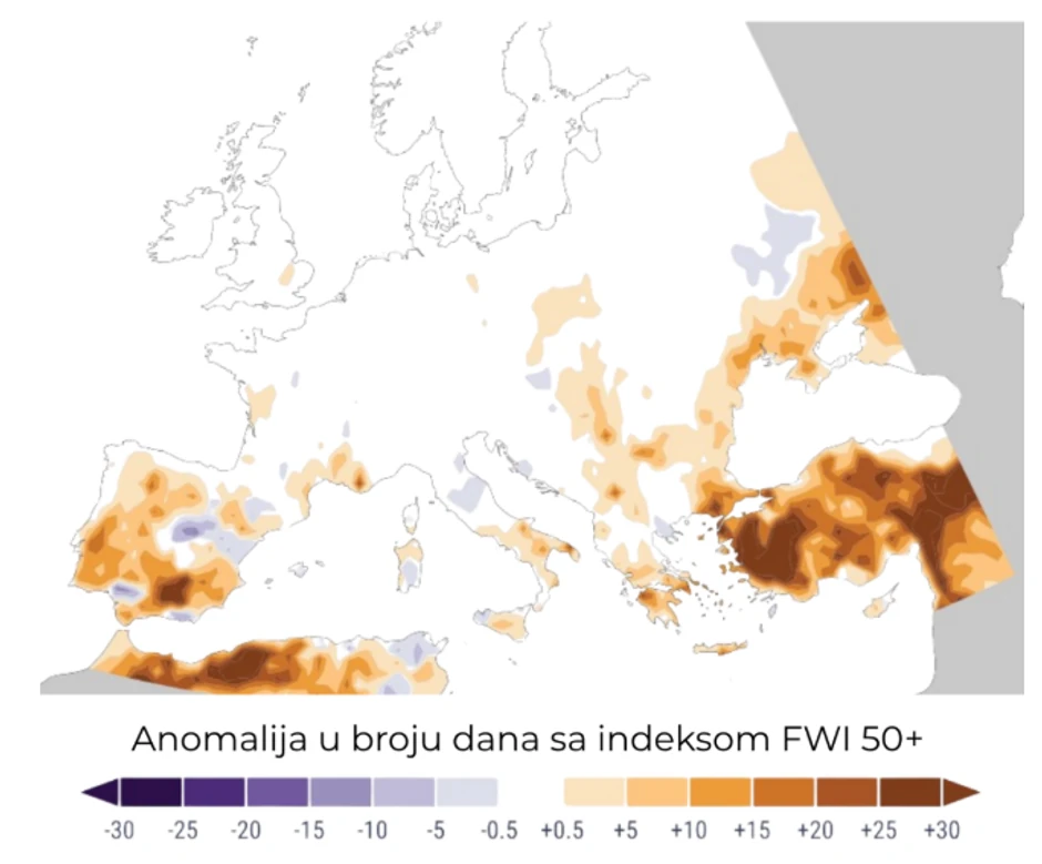 Oblasti Evrope koje su tokom 2025 imale povećan rizik od požara