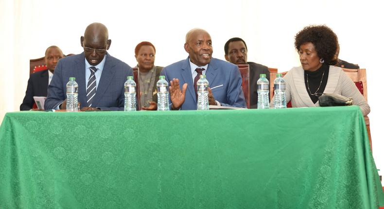 Education CS Ezekiel Machogu, PS Belio Kipsang and TSC CEO Nancy Macharia during the release of the 2023 KCPE exam results in Nairobi on November 23, 2023