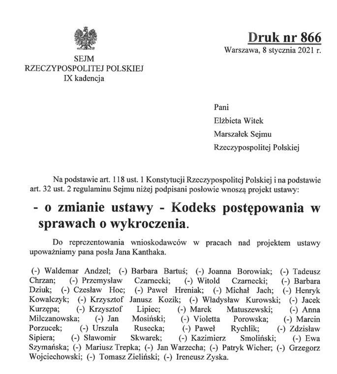 Lista z nazwiskami posłów podpisanych pod projektem zmiany ustawy o Kodeksie postępowania w sprawach o wykroczenia