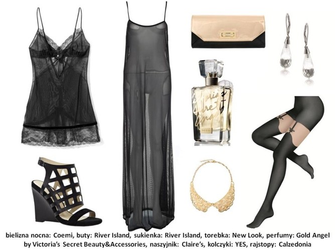 Stylizacja nr 3: Bielizna nocna Coemi: 327 PLN Buty River Island: 299 PLN Sukienka River Island: WZÓR Torebka New Look: 79,99 PLN Perfumy Gold Angel by Victoria’s Secret: 329 PLN Naszyjnik Claire’s: 89,90 PLN Kolczyki YES: 105zł Rajstopy Calzedonia: 44,90 PLN