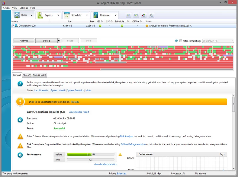 Główne okno programu do defragmentacji dysku twardego - Auslogics Disk Defrag Pro