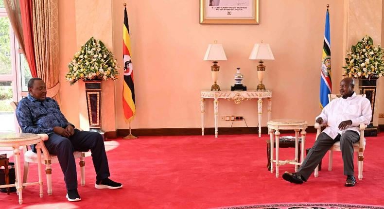 Retired President Uhuru Kenyatta at Uganda's State House in Kampala where he held talks with President Yoweri Museveni of Uganda