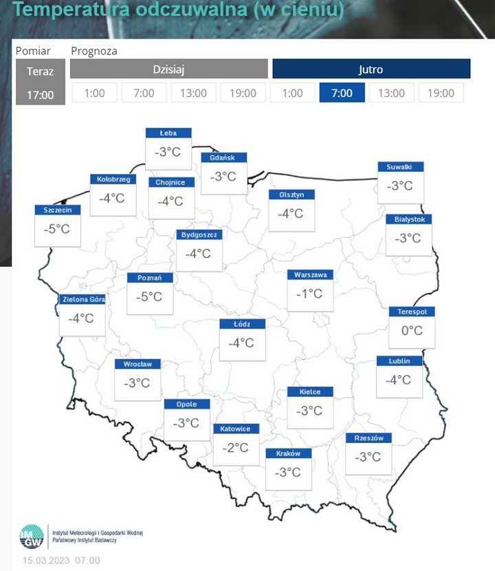 Temperatura odczuwalna (w cieniu) w środę 15 marca o godz. 7:00