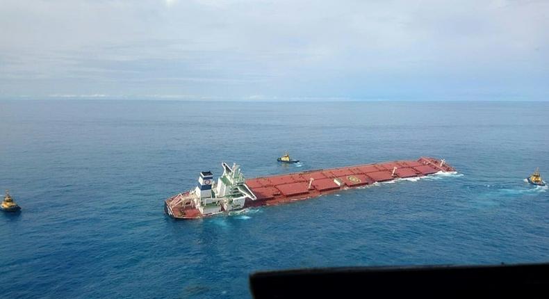 An aerial survey has so far shown no signs of mining ore contamination on the water's surface from the damaged MV Stellar Banner