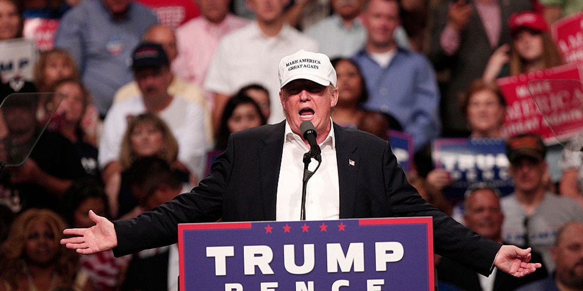 Republican presidential nominee Donald Trump speaks at a campaign rally August 19, 2016 in Dimondale, Michigan.