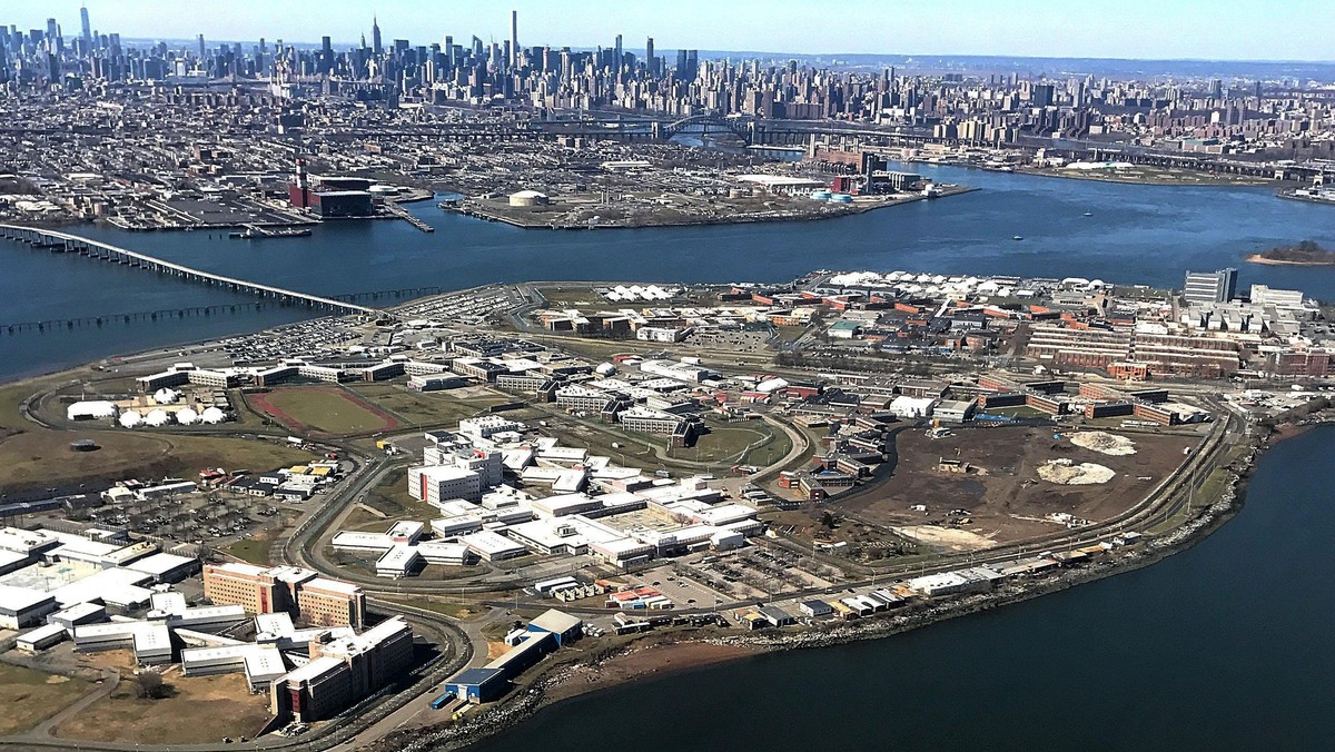 The Rikers Island Prison complex is seen from an airplane in the Queens borough of New York City, Ne