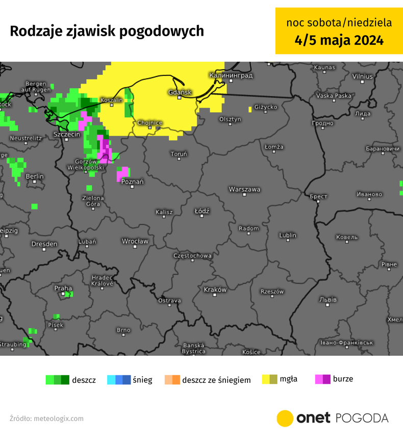 W nocy na zachodzie popada i zagrzmi, a na północy pojawią się mgły i zamglenia