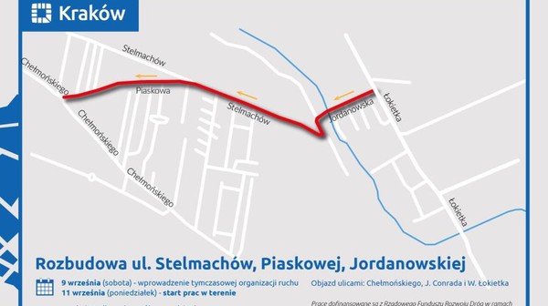 Od 11 września trwa rozbudowa ulic Stelmachów, Piaskowej i Jordanowskiej w Krakowie
