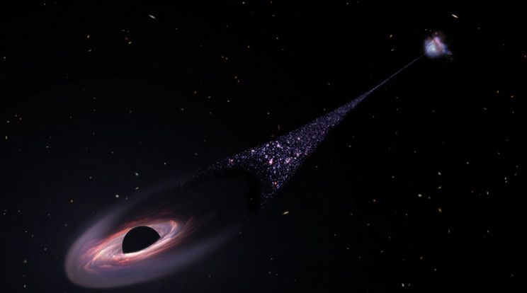 A fekete lyuk egy egészen rendkívüli eseménysorozat végén penderülhetett ki a galaxisából. Két galaxis összeolvadásával kezdődött minden körülbelül 50 millió évvel ezelőtt. Mindkettő középpontjában egy-egy szupermasszív fekete lyuk helyezkedett el. Ezek idővel egymás körül kezdtek örvényleni. Ezután egy újabb galaxis csatlakozott hozva a maga szupermasszív fekete lyukát. Ez destabilizálta az addig nyugodtan keringőző duót, és a három szereplőből az egyik valószínűleg kirepült az űrbe. / Fotó: NASA, ESA, Leah Hustak (STScI)