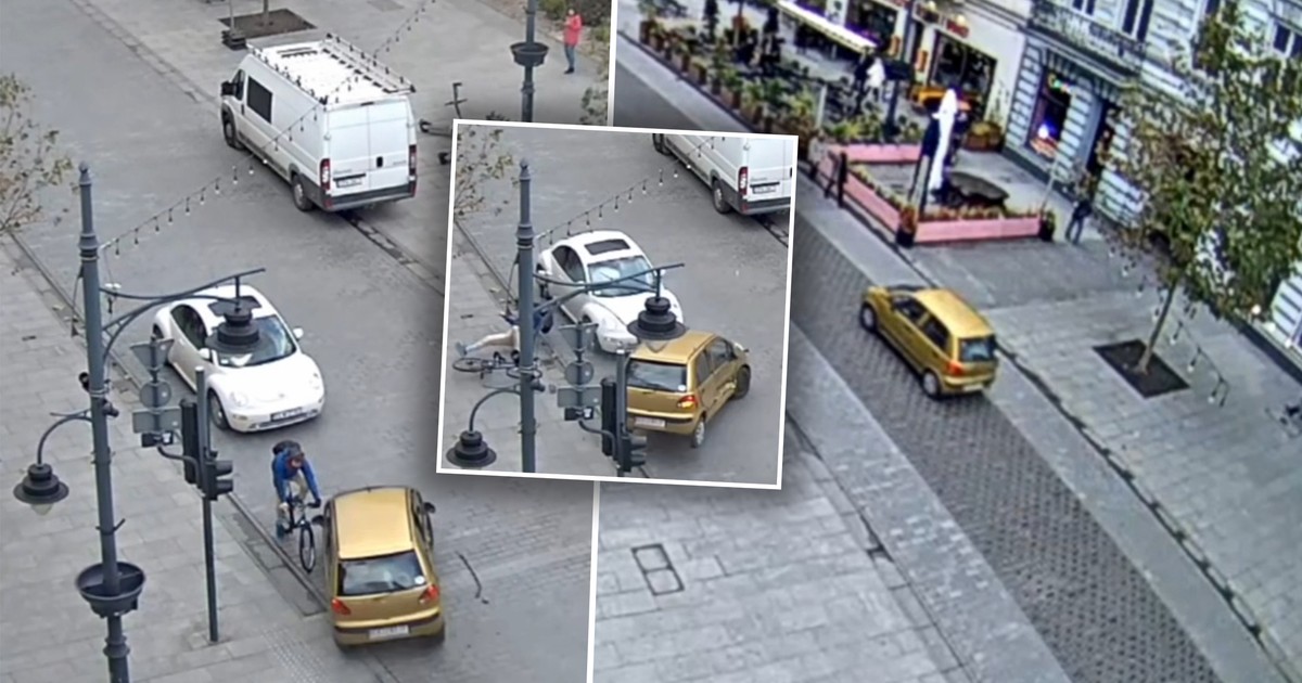 Piotrkowską jedzie rowerzysta. Po chwili dzieje się coś strasznego. Dramatyczne nagranie z Łodzi