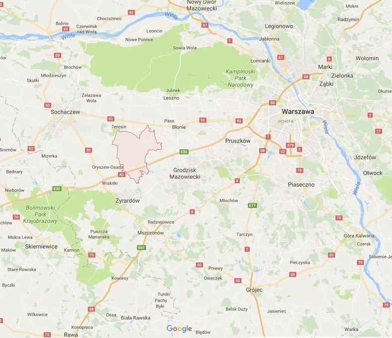 Lokalizacja gminy Baranów (na czerwono). Źródło: Google Maps