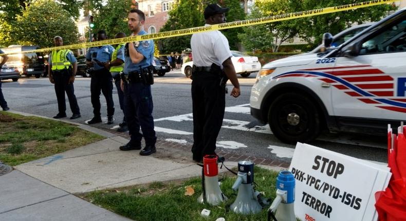 Police outside Turkey's embassy in Washington during a May 16, 2017 visit by Turkish President Recep Tayyip Erdogan. The scene erupted in violence a short time later when members of his security detail brawled with anti-Erdogan demonstrators