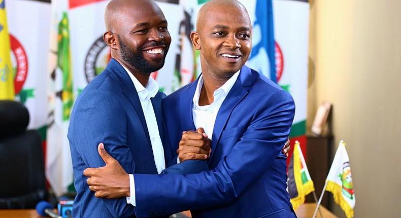 From left to right; FKF CEO Barry Otieno and FKF President Nick Mwendwa who are both detained following investigations into alleged mismanagement of funds.