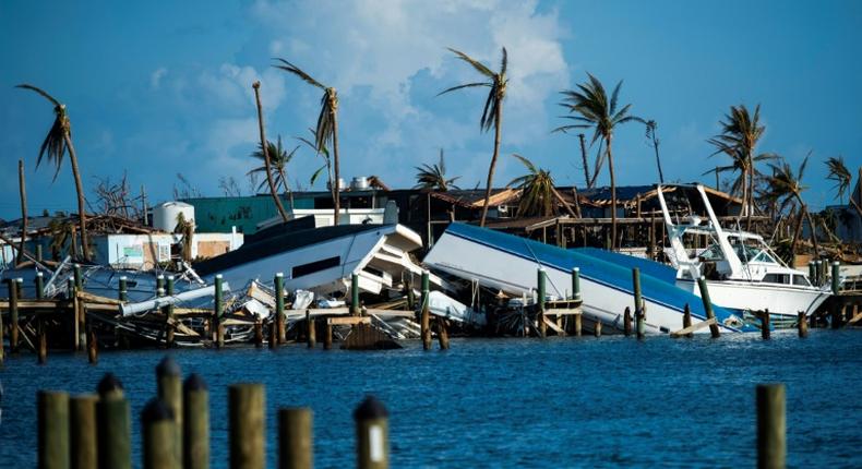 Destroyed boats are pushed up against the pier in the aftermath of Hurricane Dorian in Treasure Cay on Abaco Island, Bahamas