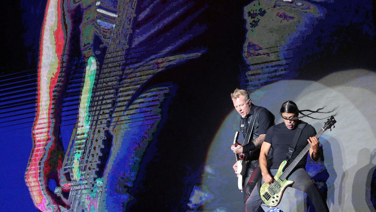 James Hetfield and Robert Trujillo of Metallica perform at Lollapalooza music festival, in Santiago,