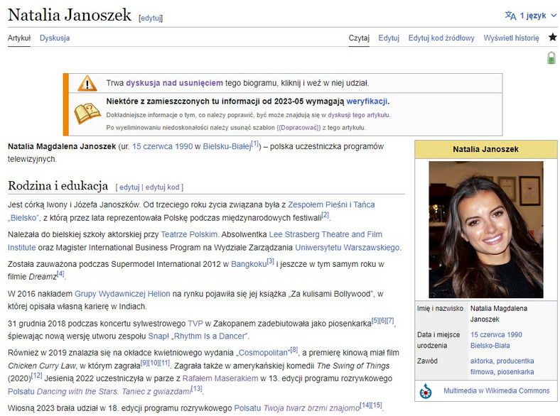 Biogram o Natalii Janoszek na Wikipedii po nagłośnieniu afery