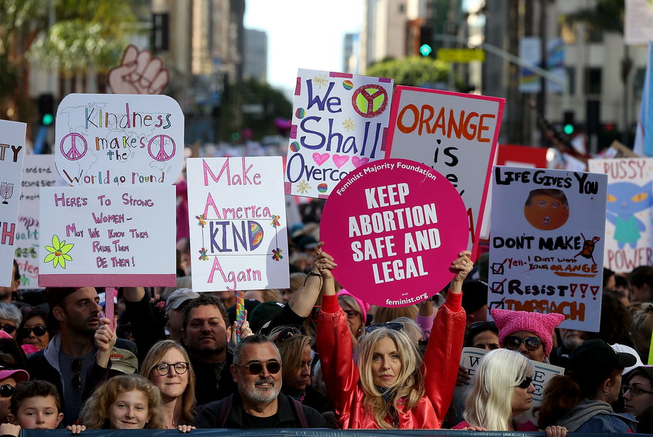 Tens of thousands of people took to the streets of Downtown Los Angeles for the Women's March in protest after the inauguration of President Donald Trump on January 21, 2017.