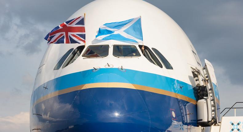 Global Airlines' Airbus A380 at Glasgow Prestwick Airport.Bob Logan/Prestwick Aviation Photography