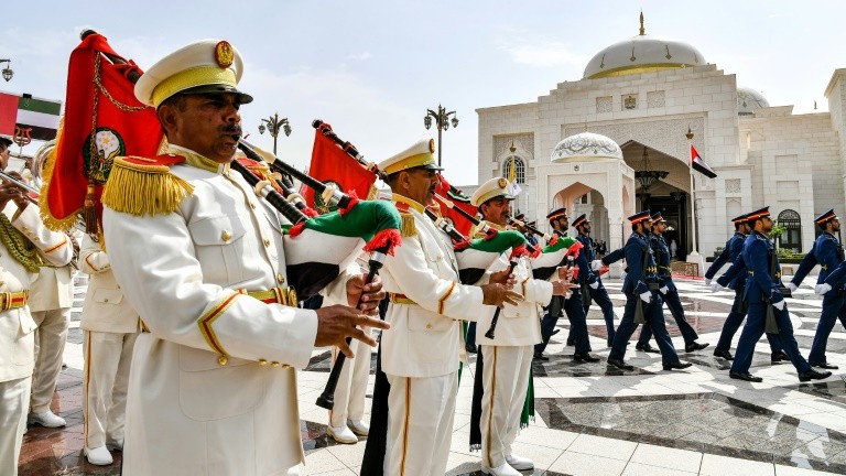 A military band performs at a welcome ceremony for Pope Francis at the UAE's presidential palace in Abu Dhabi on February 4, 2019