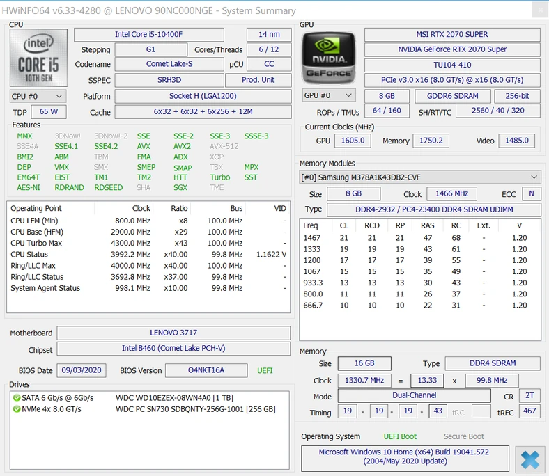 Lenovo Legion Tower 5i – specyfikacja komputera w HWiNFO64