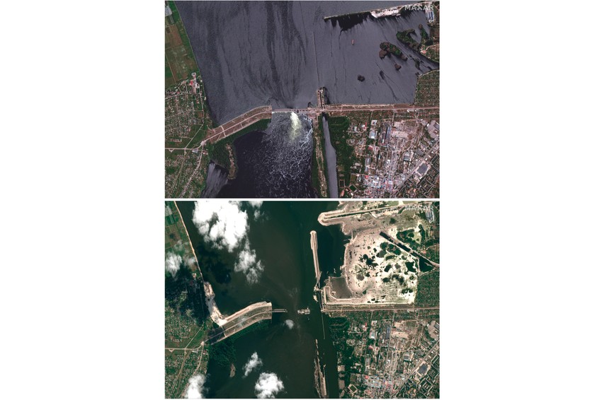 Brana Kahovka 28. maja 2022. (gore) i 16. juna 2023. nakon rušenja na satelitskim slikama