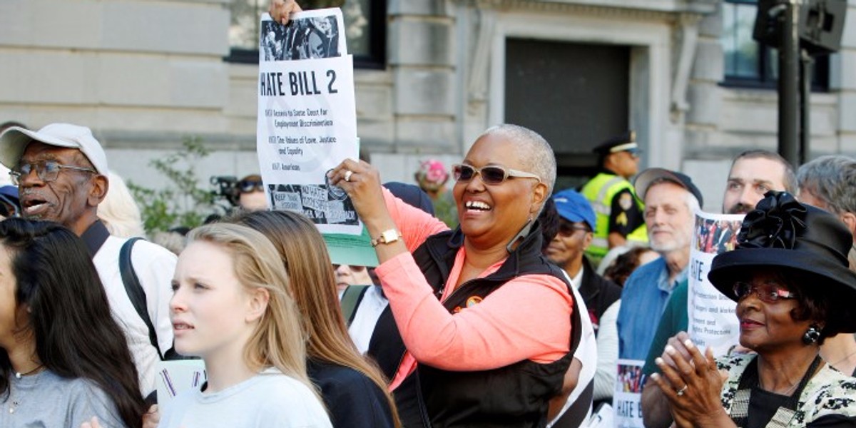 A crowd of protesters demonstrate against North Carolina's "bathroom law" outside the state legislature in Raleigh.