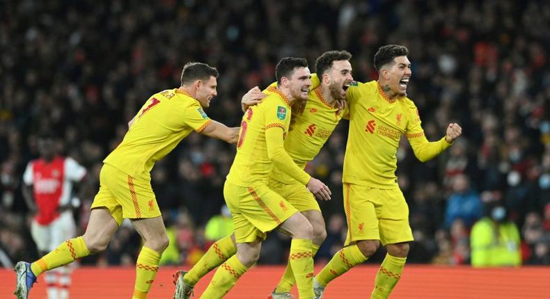 Liverpool celebrate Diogo Jota's second goal Creator: JUSTIN TALLIS