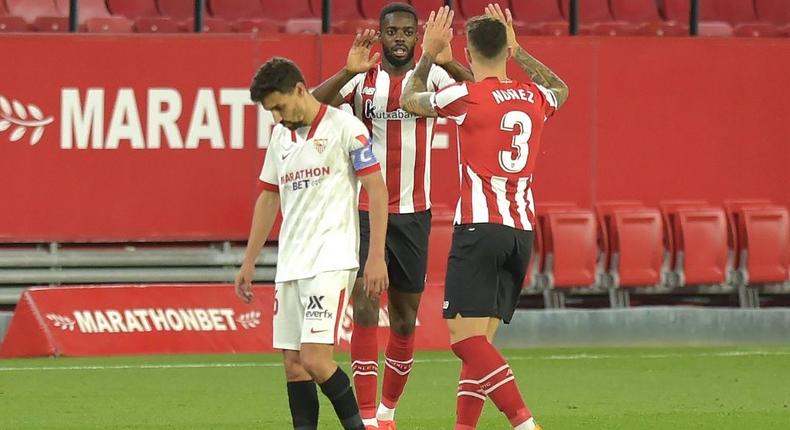 Inaki Williams celebrates scoring the winner in Athletic Bilbao's 1-0 victory over Sevilla on Monday. Creator: CRISTINA QUICLER