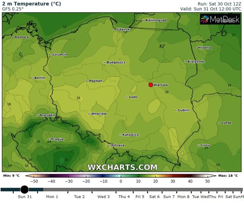 Przewidywana temperatura powietrza w niedzielę o godz. 12