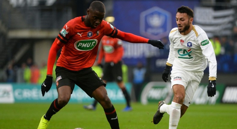 Haris Belkebla (R) in action for Brest against this season's French Cup winners Rennes