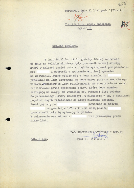 Notatka płk. Twerda dotycząca listu, który w 1976 roku otrzymał od CIA "Onkolog"