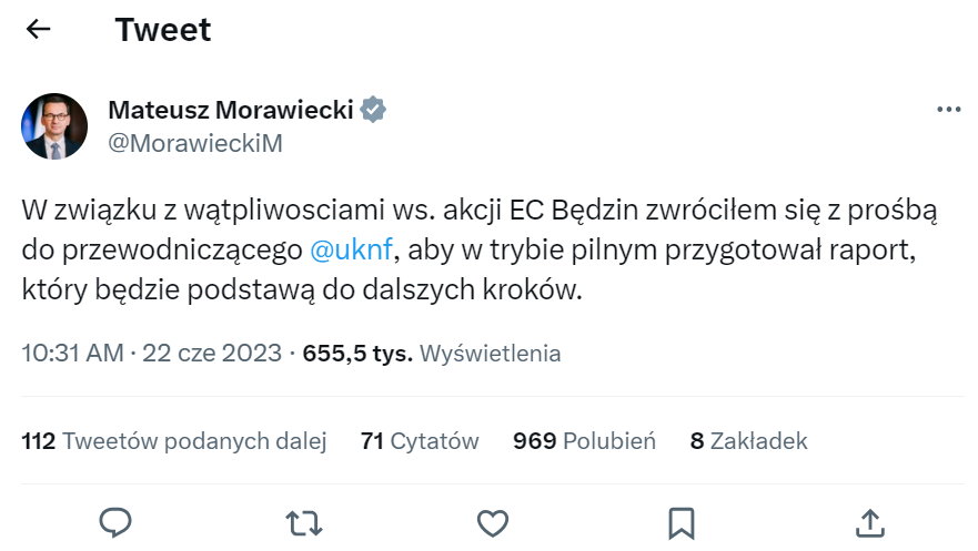 O wyjaśnienie sprawy możliwego manipulowania kursem akcji Elektrociepłowni Będzin premier Mateusz Morawiecki  poprosił Komisję Nadzoru Finansowego w czwartek tydzień temu. Źródło: Twitter