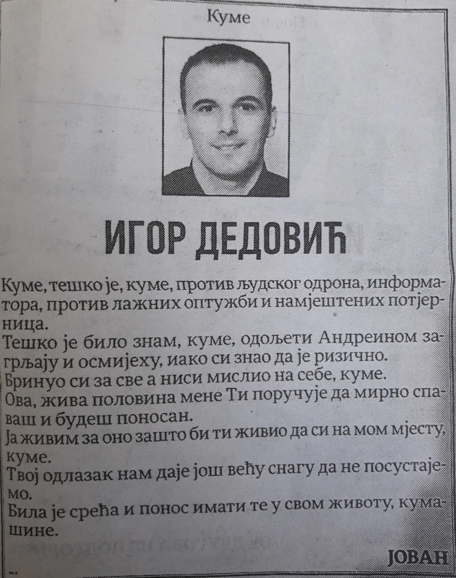 Čitulja koju je Igoru Dedoviću nakon ubistva posvetio Jovan Vukotić