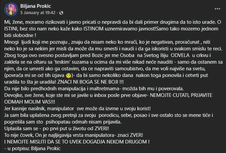 Biljana Prokić, objava