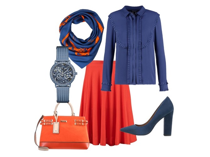 Duet pomarańcz i niebieski – stylizacja biurowa