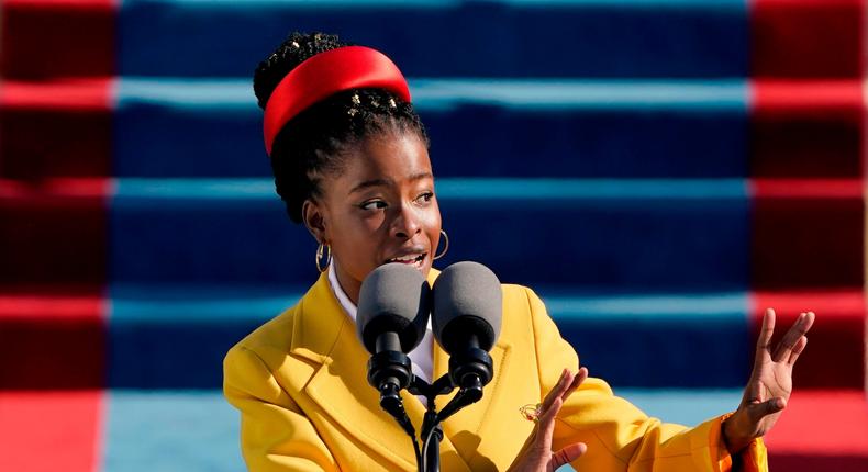 American poet Amanda Gorman reads a poem during the 59th Presidential Inauguration at the US Capitol in Washington DC on January 20, 2021.PATRICK SEMANSKY/POOL/AFP via Getty Images