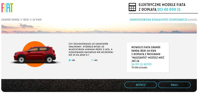 Fiat Grande Panda z dopłatą 40 000 zł dla osób prowadzących jednoosobową działalność gospodarczą. Cena netto - 56 911 zł