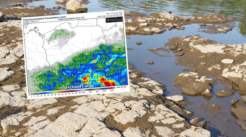 Polska w najbliższych dnia zostanie podzielona pomiędzy suszę a podtopienia (mapa: wxcharts.com)