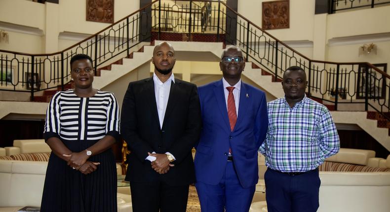 Matilda Babuleka  Marketing Manager Beer portfolio, Omukama of Tooro, Dr Oyo Nyimba Kabamba Iguru Rukidi 1V, Andrew Kilonzo the Managing Director of UBL and Edgar Kihumuro Brand Manager of Pilsner Lager