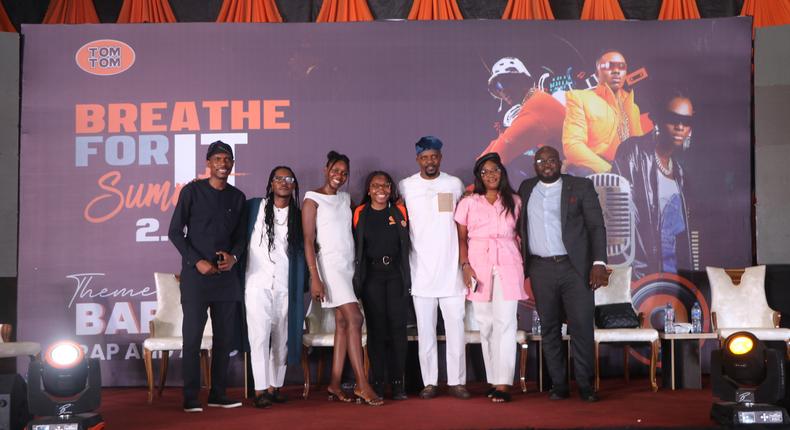 (L-R)Panel Moderator, Samuel Akinnuga; Songwriter and Rapper, Jesse Jagz; Music Business Executive, Tamunosaki Romeo; Brand Manager (Gum & Candy) Cadbury West Africa, Joan Odafe; Entertainment Lawyer, Akinyemi Ayinoluwa; Entertainment Lawyer, Public Speaker and Entertainment Business Consultant, Rosemary Ofoegbu; Talent and Events Manager, Fiammari Zoaka; at the Breathe For It Summit, held in Jos recently.