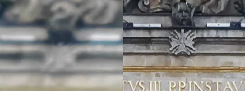 Porównanie zdjęć wykonanych z zoomem cyfrowym 100x - po lewej kadr z aparatu Huawei P50 Pro, a po prawej z aparatu Xiaomi Mi 11 Ultra 
