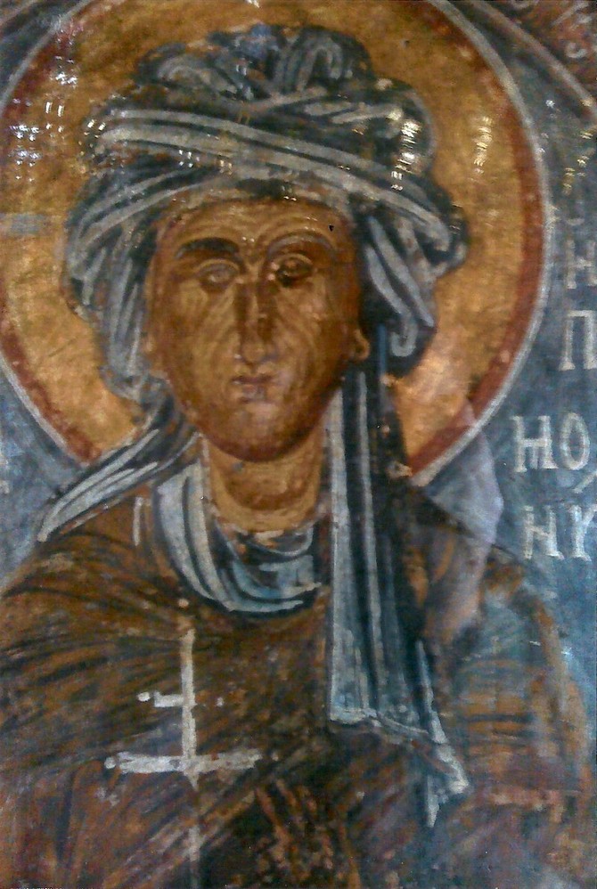 Freska carice Jelene Dragaš Paleolog kao Sveta Hipomona, u manastiru Svetog Patapija, Lutraki, Grčka