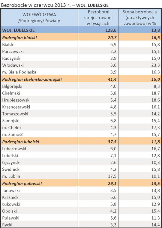 Bezrobocie w czerwcu 2013 r. – WOJ. LUBELSKIE