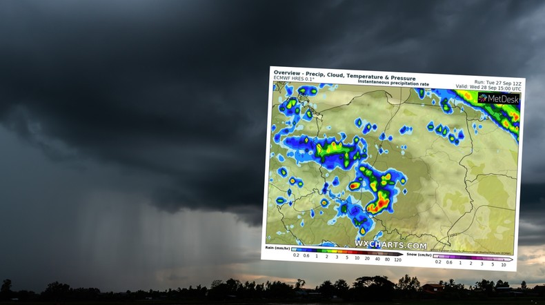 W środę jesienna pogoda w większości kraju będzie się rozpędzać (mapa: wxcharts.com)