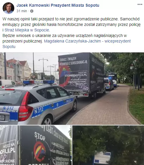 Jacek Karnowski Prezydent Miasta Sopotu informuje o zatrzymaniu ciężarówki