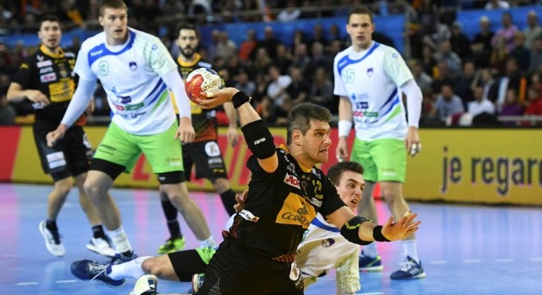 Spain's pivot Julen Aguinagalde jumps to shoot on goal during the 25th IHF Men's World Championship 2017 Group B handball match Spain vs Slovenia on January 19, 2017