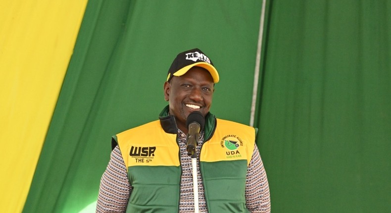 Kenya Kwanza presidential candidate Dr William Ruto during Moses Kuria's launch of the Kiambu County Hustler Fund at the deputy president's official Karen residence, Nairobi County, on June 29, 2022