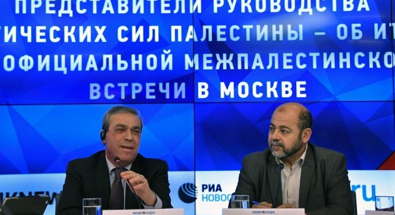 From L: Abed al-Hafeez Nofal, the Palestinian ambassador to Moscow, and exiled Hamas deputy leader Mussa Abu Marzuq give a press conference along with other representatives of Palestinian political parties and movements in Moscow on January 17, 2017